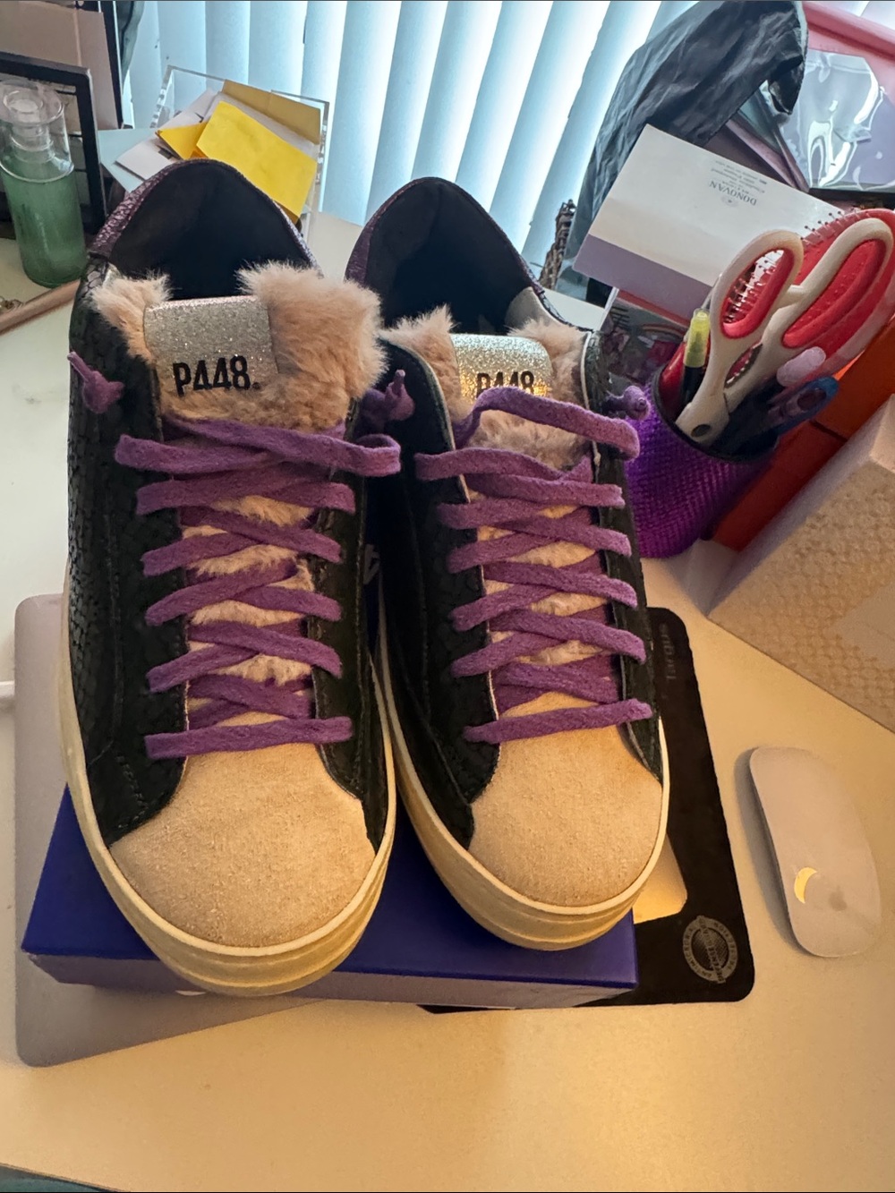 Women's Purple Lace Casual Sneakers with Fur Trim P448 new italian made NWT